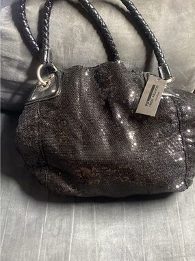 Black Sequin Shoulder Bag with Braided Handles